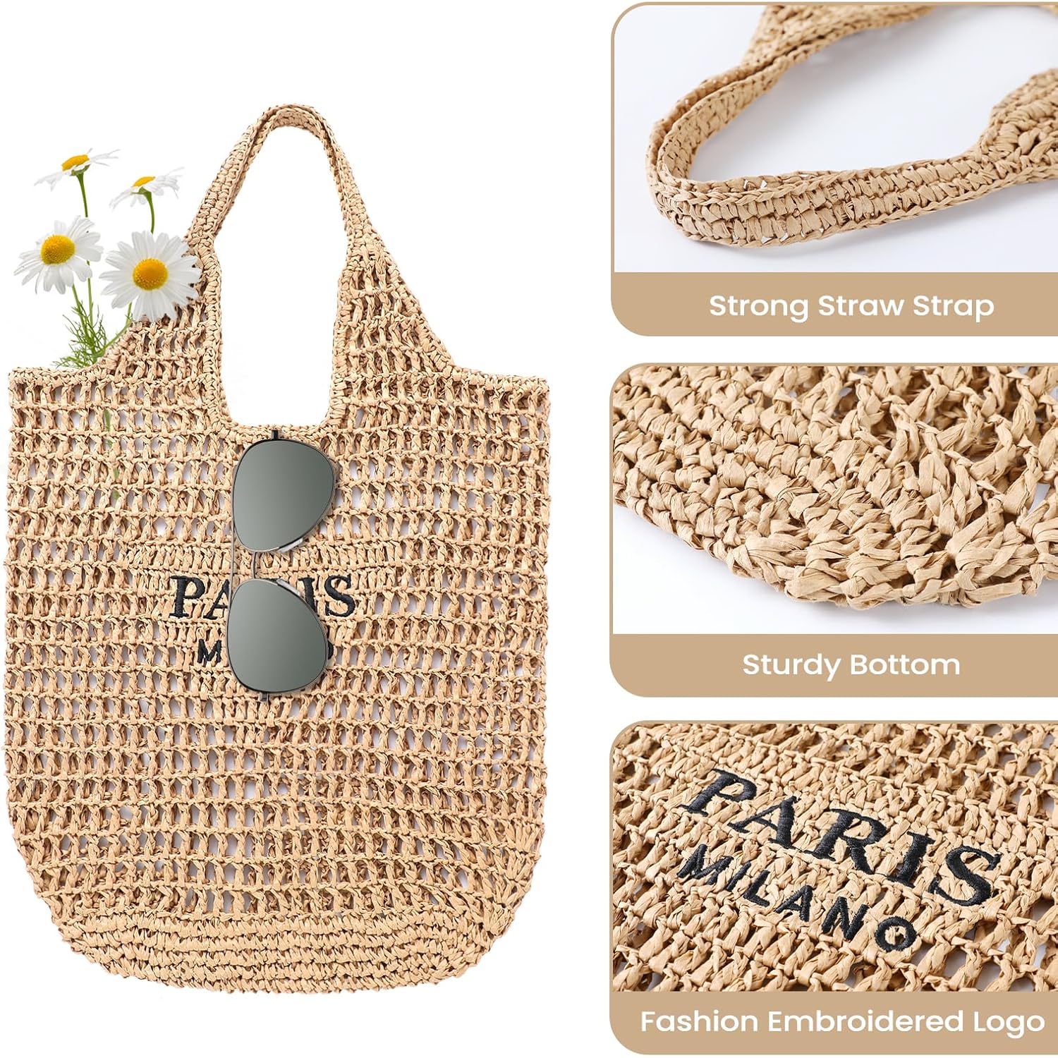 Pleneal Beach Bags for Women - Women Beach Tote Bag, Summer Mesh Hollow Straw Tote Bag for Holiday Market