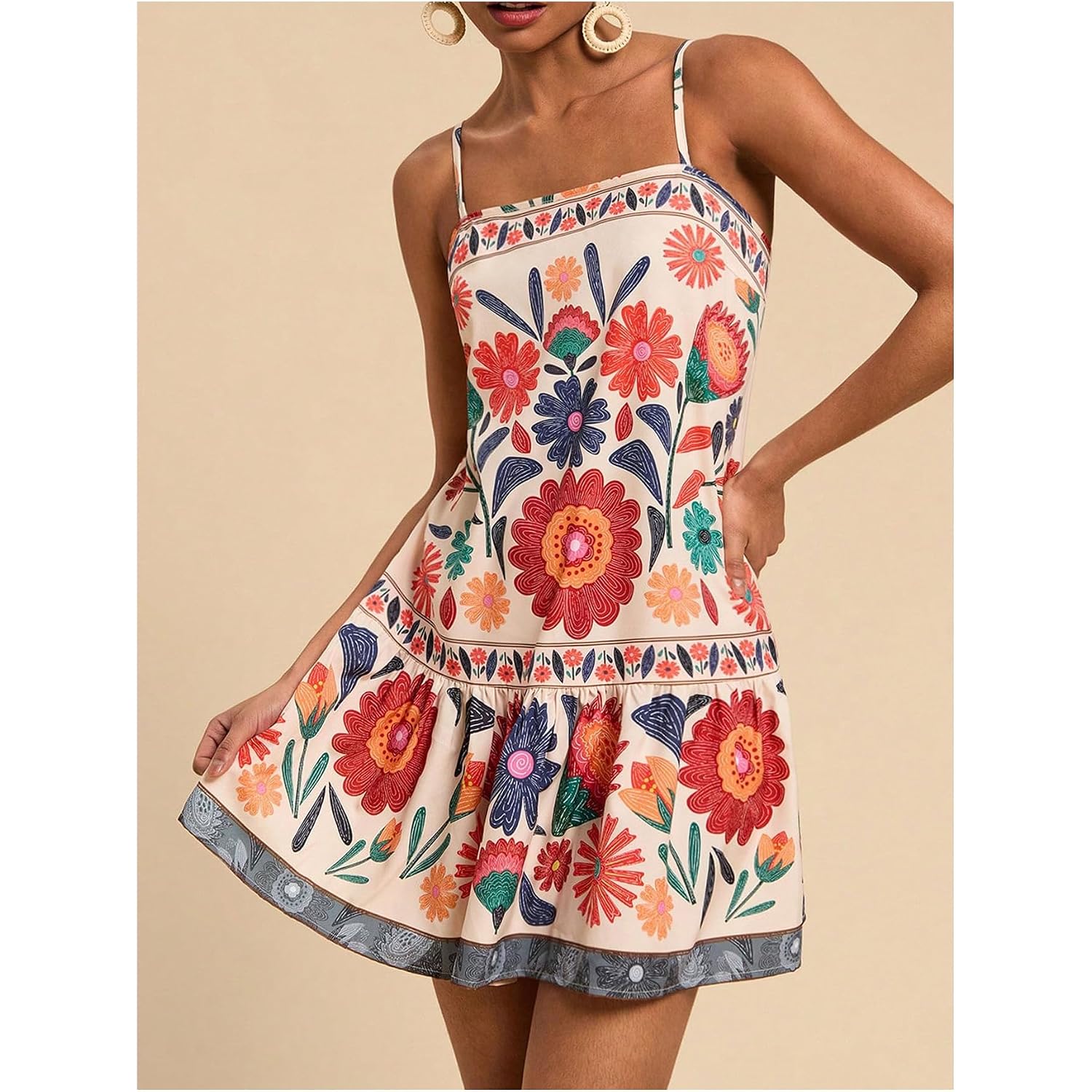 Roseseek Women'S Floral Boho Flowy Mini Cami Dress Ruffle Hem Spaghetti Strap Vacation Tank Dresses