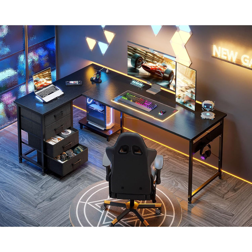 Aodk L Shaped Gaming Desk With 4 Drawers, 61" Reversible Home Office Desks With Power Outlets, L Shaped Computer Desk With Usb Charging Port And Host Stand, Corner Desk, Easy To Assemble, Black