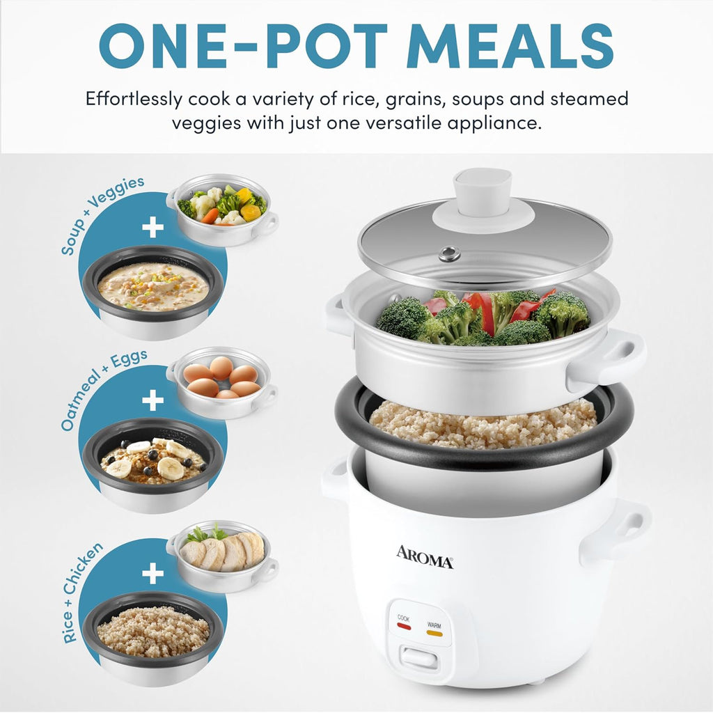 Aroma® Rice Cooker, 2-Cup (Uncooked) / 4-Cup (Cooked), Steamer, Grain Cooker, Soup Maker, Oatmeal Cooker, Auto Keep Warm, 1 Qt, White, Arc-302-1Ng
