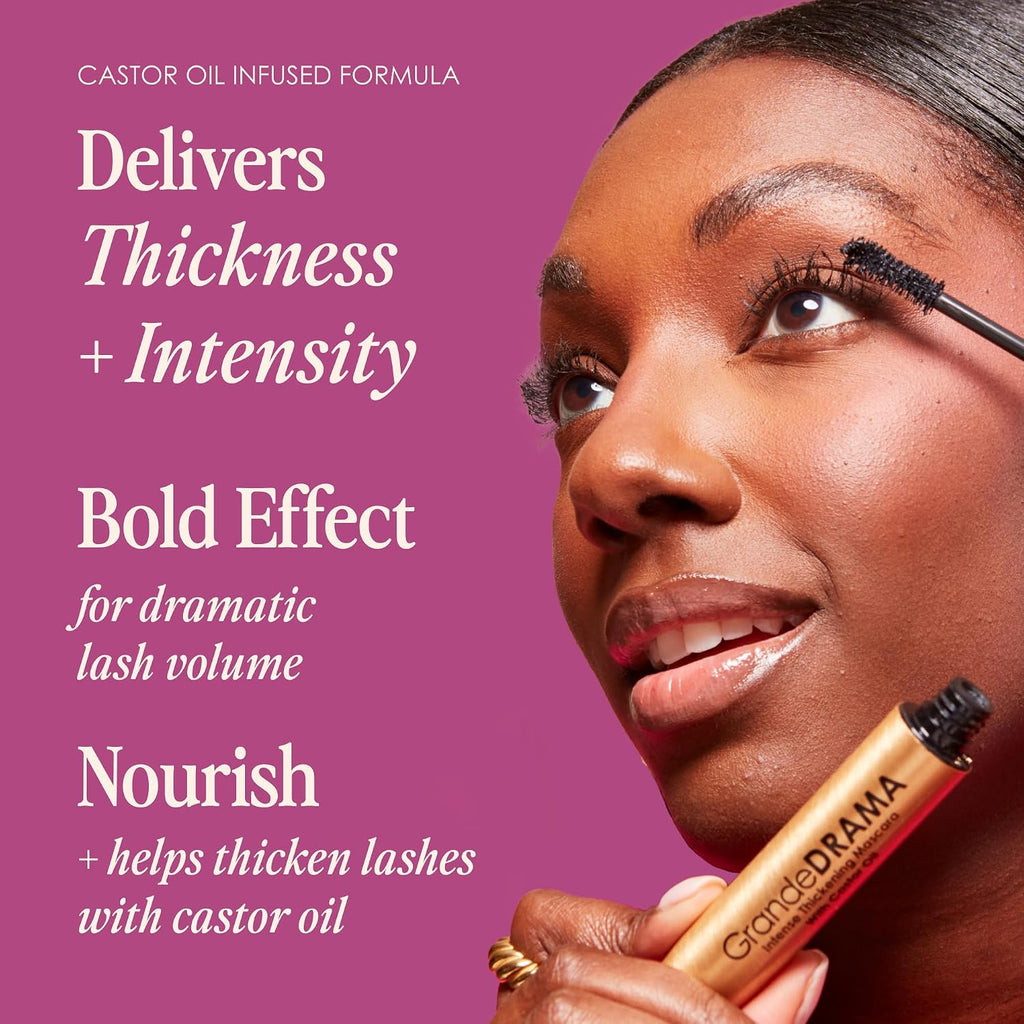 Grande Cosmetics Grandedrama Intense Thickening Black Mascara With Castor Oil, Volumizing, Conditioning, Buildable Formula (0.32 Oz)