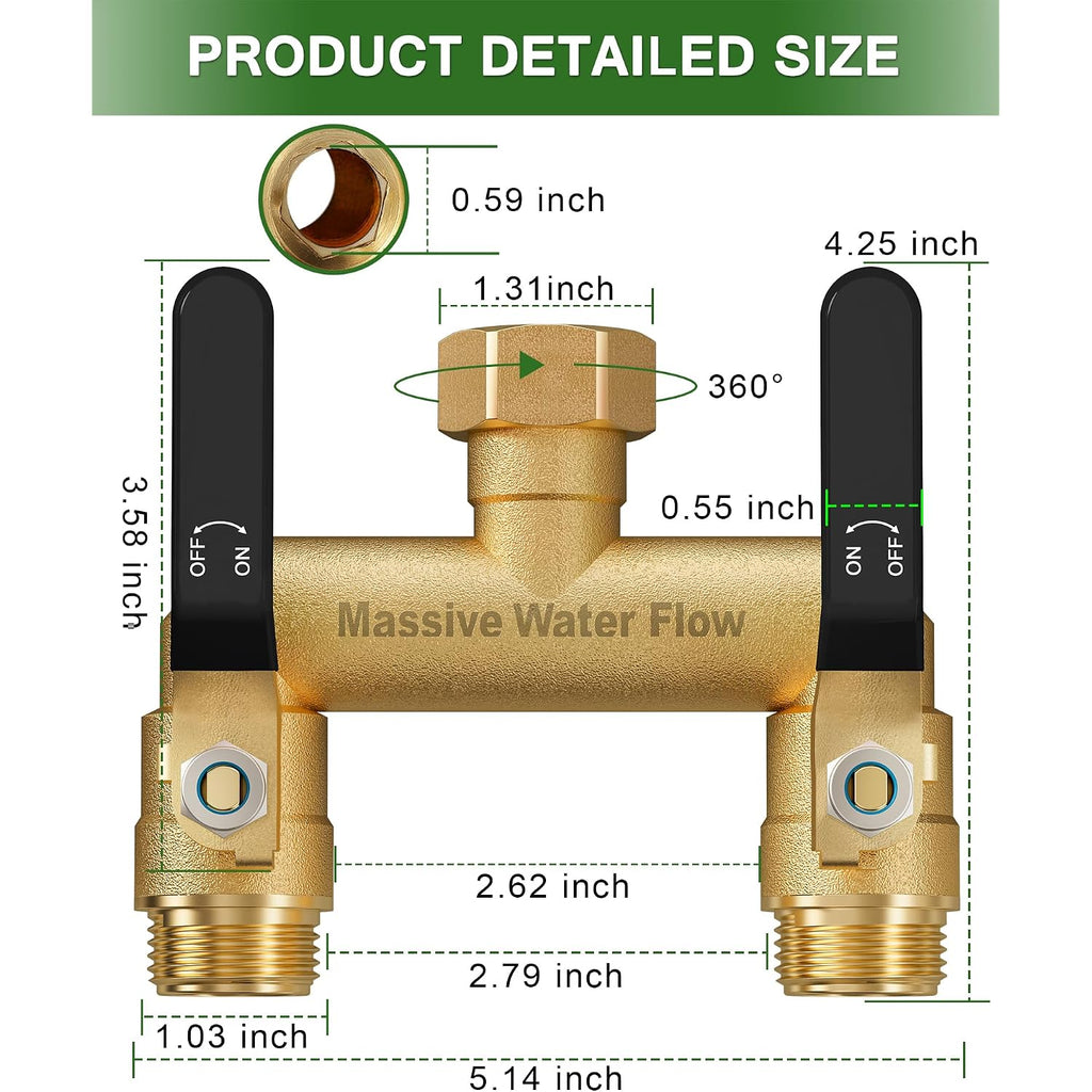 Hose Splitter 2 Way Heavy Duty, Full Flow Garden Hose Splitter With 2 Long Metal Handles, Brass Rust And Freeze Resistant Water Hose Bib Splitter, T Adapter Connector With 3/4 - Inch Ght Thread（Black）