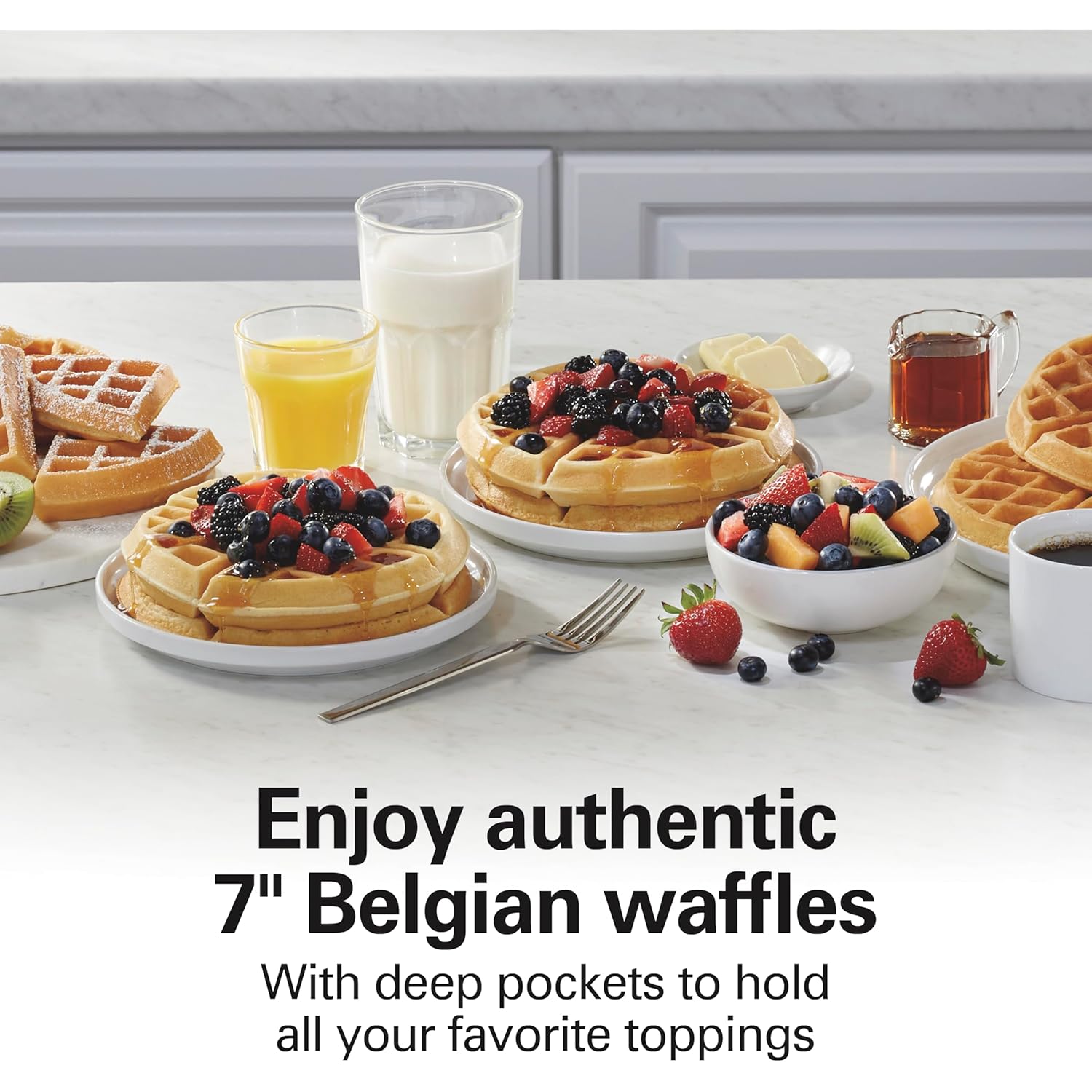 Hamilton Beach Belgian Waffle Maker with PFAS-Free Non-Stick Ceramic-Coated Plates, Browning Control, Indicator Lights, Stainless Steel (26081)