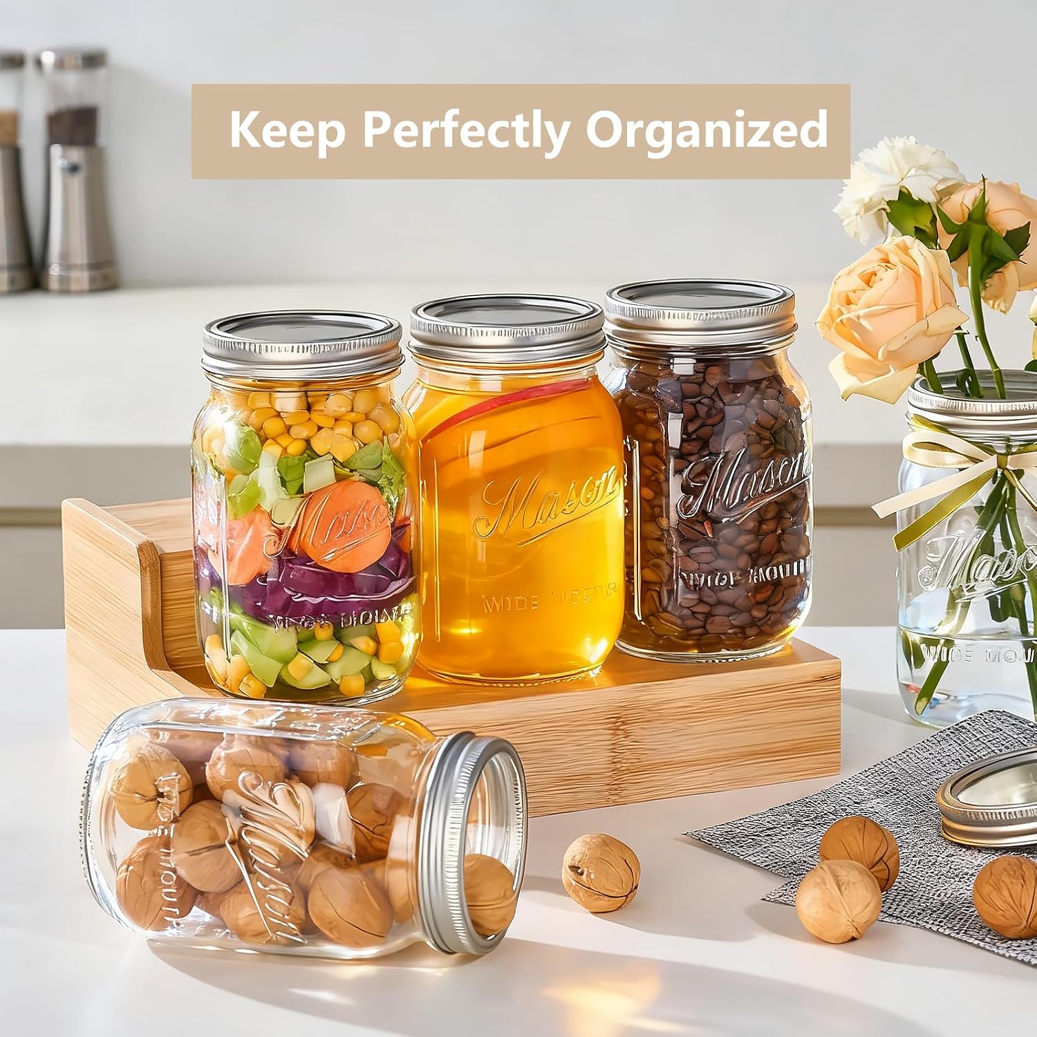 Mason Jars 32 Oz,6 Pack Large Wide Mouth Mason Jar With Airtight Lids And Bands|Quart Glass Canning Jars For Pickling, Fermenting And Food Storage Microwave&Dishwasher Safe