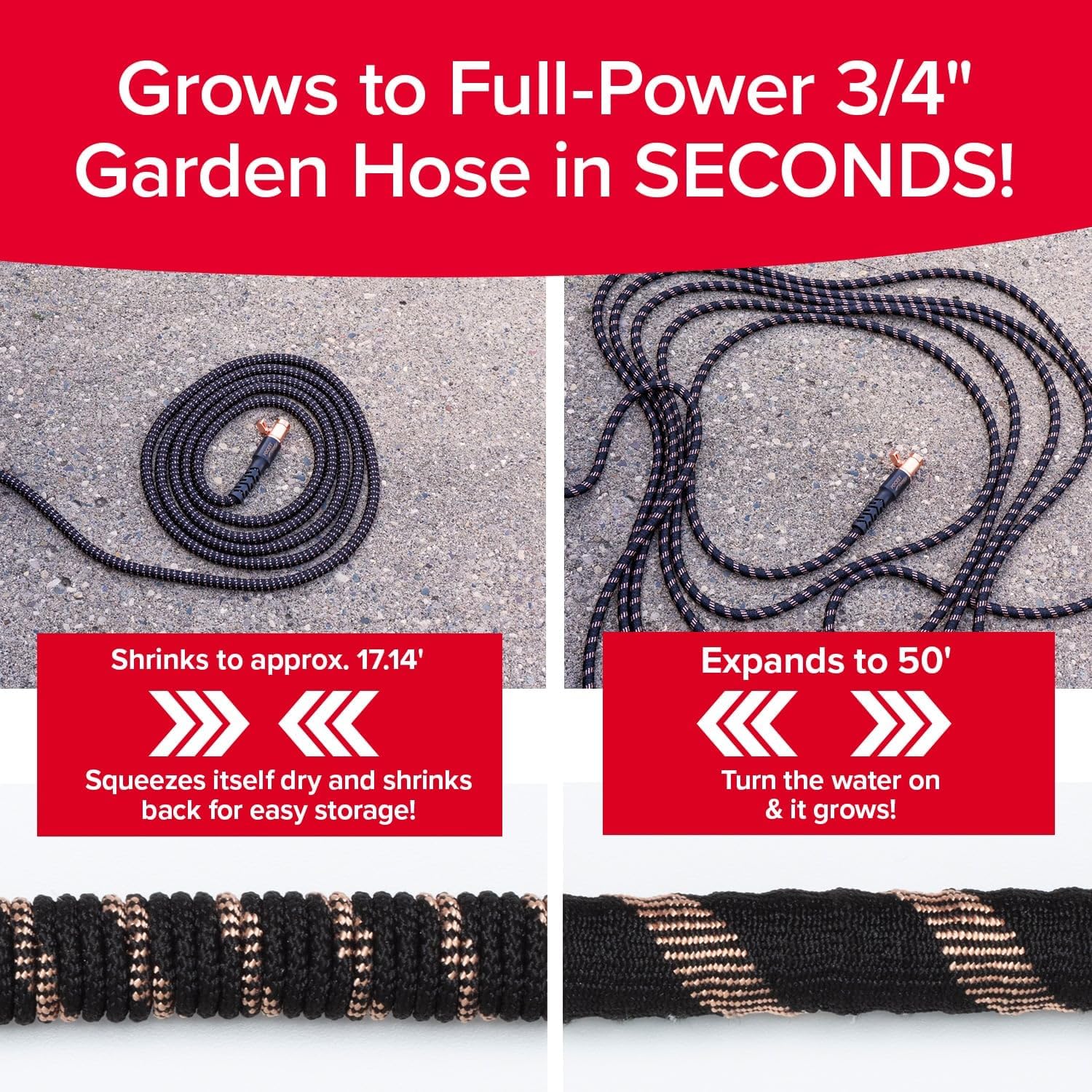 Pocket Hose 50 Ft Copper Bullet Expandable Garden Hose W/10 Pattern Thumb Spray Nozzle As Seen On Tv 650Psi 3/4 In Patented Lead-Free Ultra-Lightweight Solid Copper Anodized Aluminum