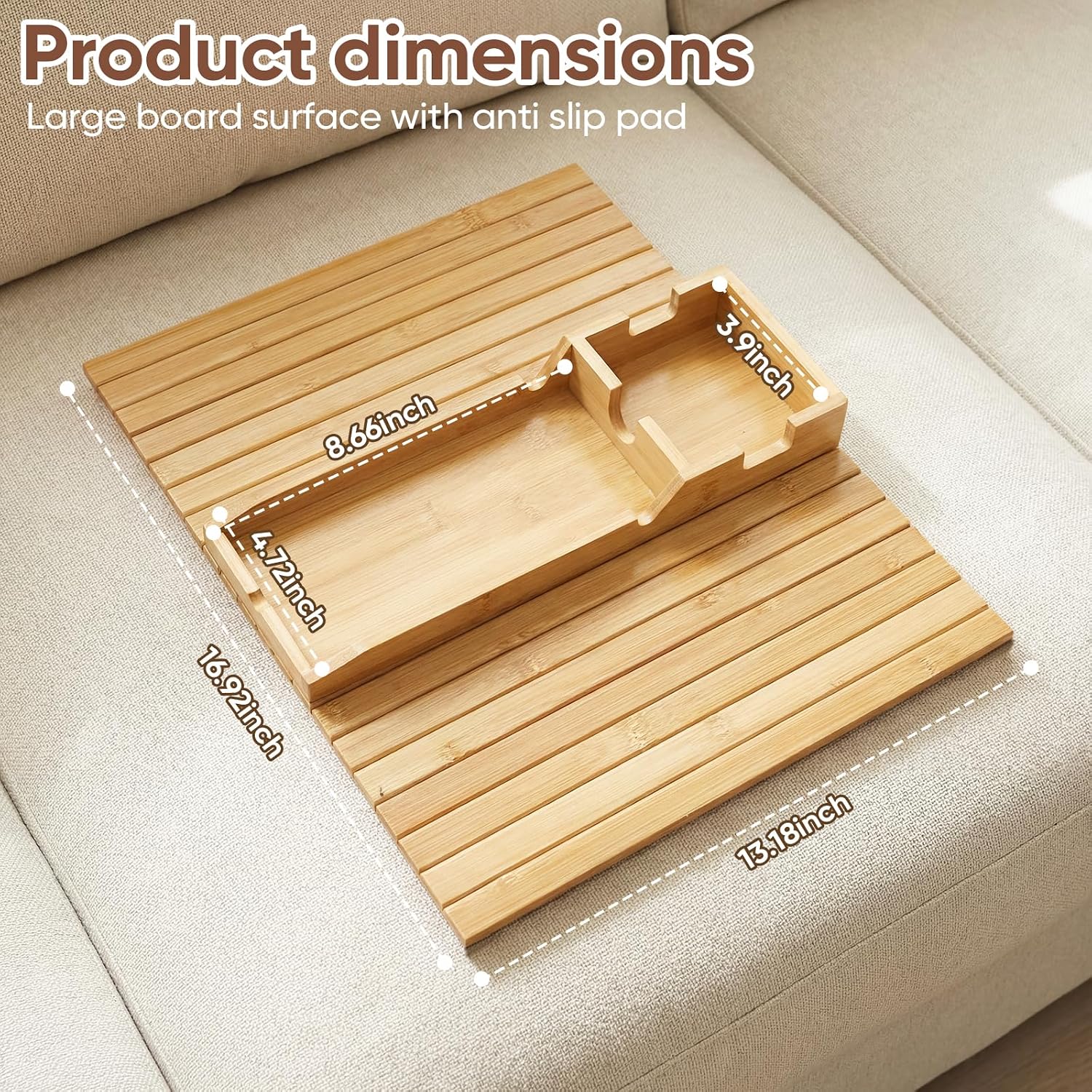 Bamboo Couch Arm Tray Table With Built-In Cup Holder, Foldable Anti-Slip Sofa Armrest Table For Drinks, Phone & Remote, Fits 4.7–16.9 In Armrests, Holds Cups Up To 3.5 In Diameter (Bamboo)