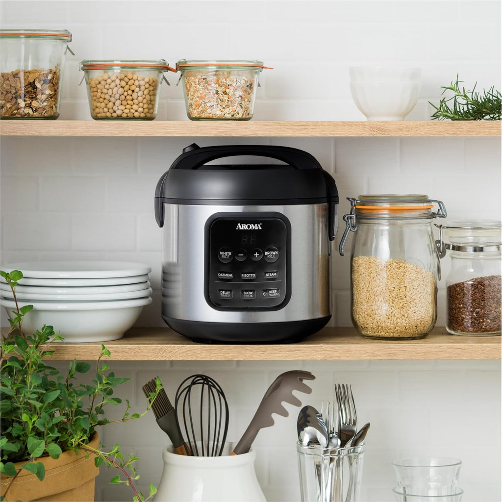 Aroma Digital Rice Cooker, 4-Cup (Uncooked) / 8-Cup (Cooked), 2 Qt, Steamer, Multicooker, Slow Cooker, Oatmeal Cooker, Auto Keep Warm, Stainless Steel Exterior