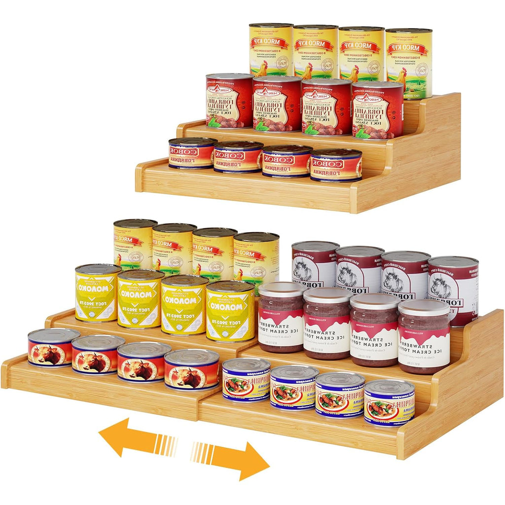Expandable Bamboo Can Rack Organizer For Pantry, 3-Tier Adjustable Can Storage Holder, Soda Organizer Holds Up To 24 Cans, Canned Goods Storage Display For Pantry, Cabinet, Countertop (Patent Pending)