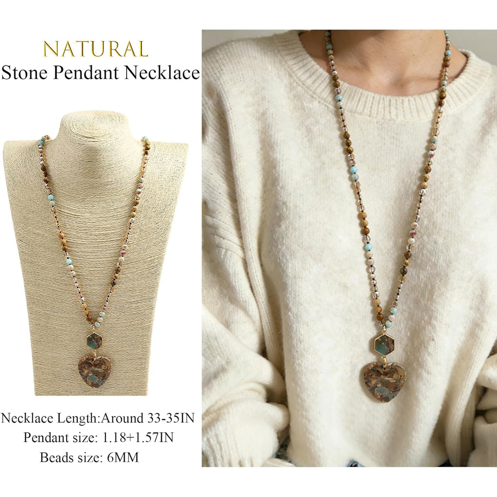 Yomisa Boho Necklaces for Women Men Long,33/34/35 Inch Natural Turquoise Tiger Eye Beaded Stone Pendant Necklaces for Women Trendy,Handmade Bohemian Western Bead Necklace Fashion Charm Jewelry Gift