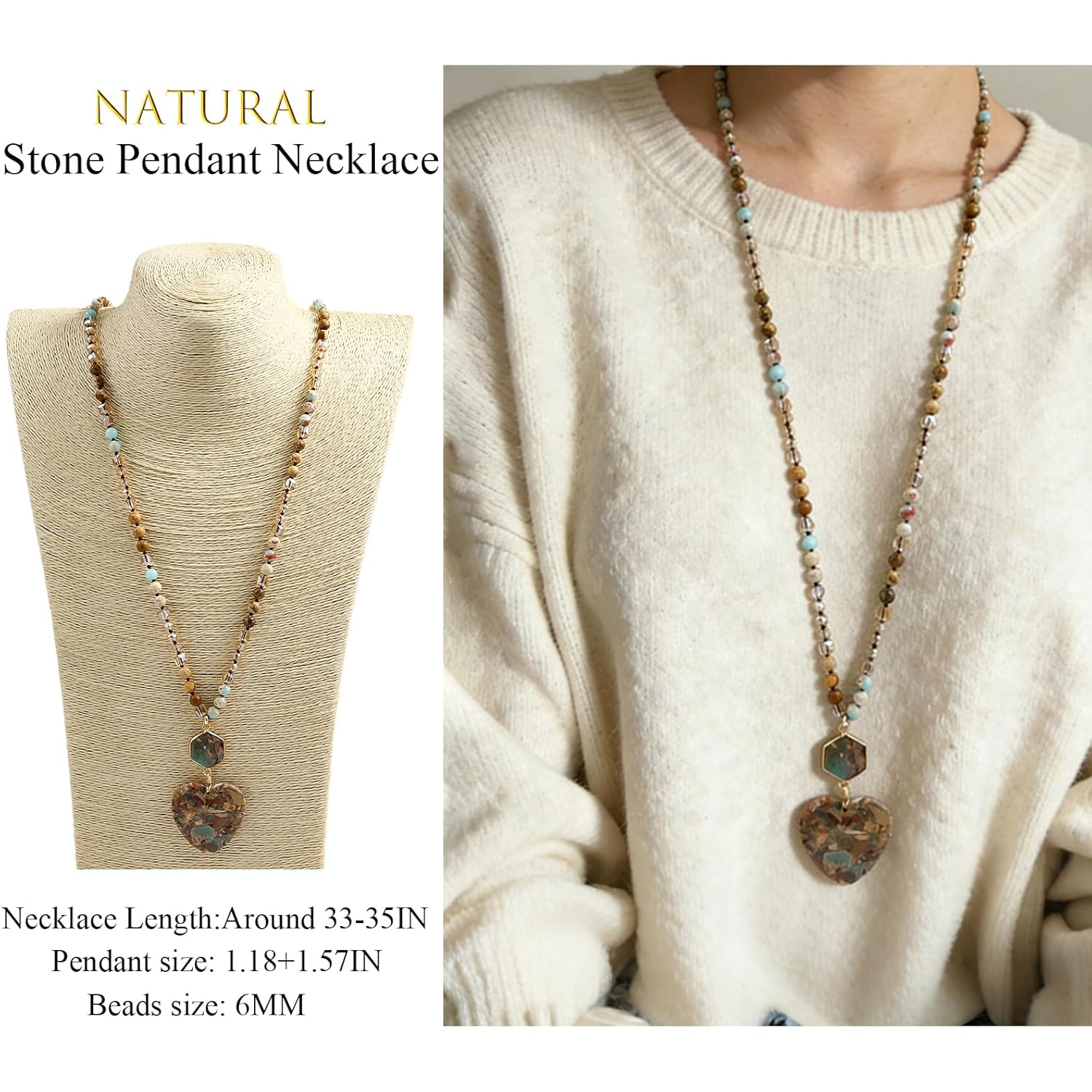 Yomisa Boho Necklaces for Women Men Long,33/34/35 Inch Natural Turquoise Tiger Eye Beaded Stone Pendant Necklaces for Women Trendy,Handmade Bohemian Western Bead Necklace Fashion Charm Jewelry Gift