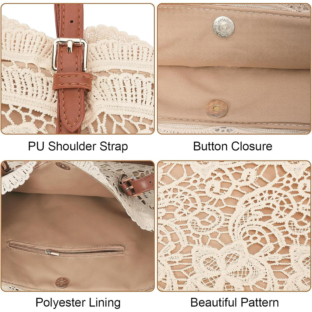 Peicees Small Shoulder Bag With Lace Ribbon For Women- Ladies Beach Boho Purse For Summer Vacation Travel Tote Bag