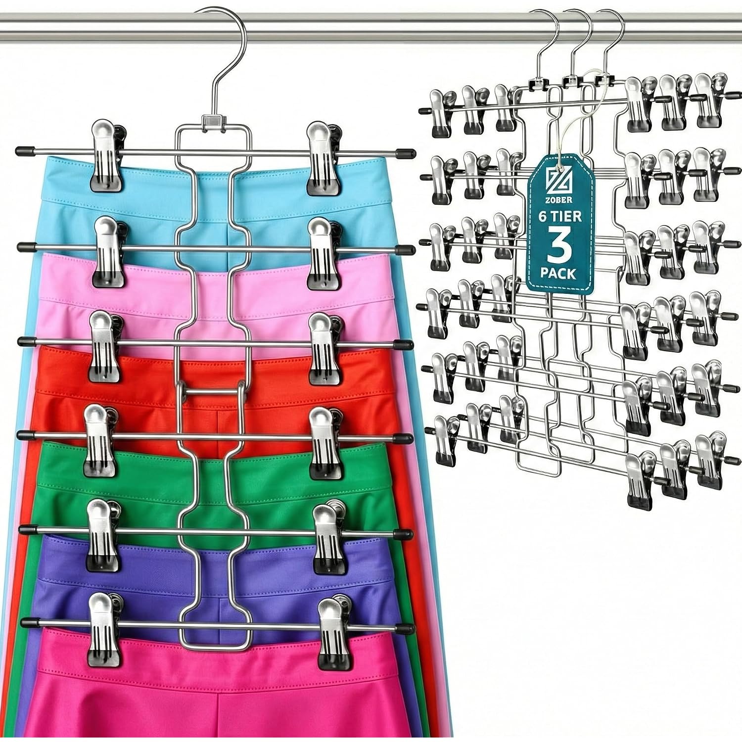 Zober 3-Pack 6-Tier Skirt Hangers With Clips - Pants Hangers With Clips Space Saving, Closet Organization, Swivel Hooks, College Dorm Essentials, Skirt Hangers For Women, Jeans Organizer For Closet