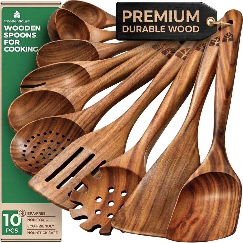 Wooden Spoons For Cooking – 10 Pcs Teak Wood Utensil Set, Durable, Nonstick Safe & Heat Resistant With Ergonomic Handles