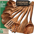 Wooden Spoons For Cooking – 10 Pcs Teak Wood Utensil Set, Durable, Nonstick Safe & Heat Resistant With Ergonomic Handles