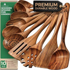 Wooden Spoons For Cooking – 10 Pcs Teak Wood Utensil Set, Durable, Nonstick Safe & Heat Resistant With Ergonomic Handles