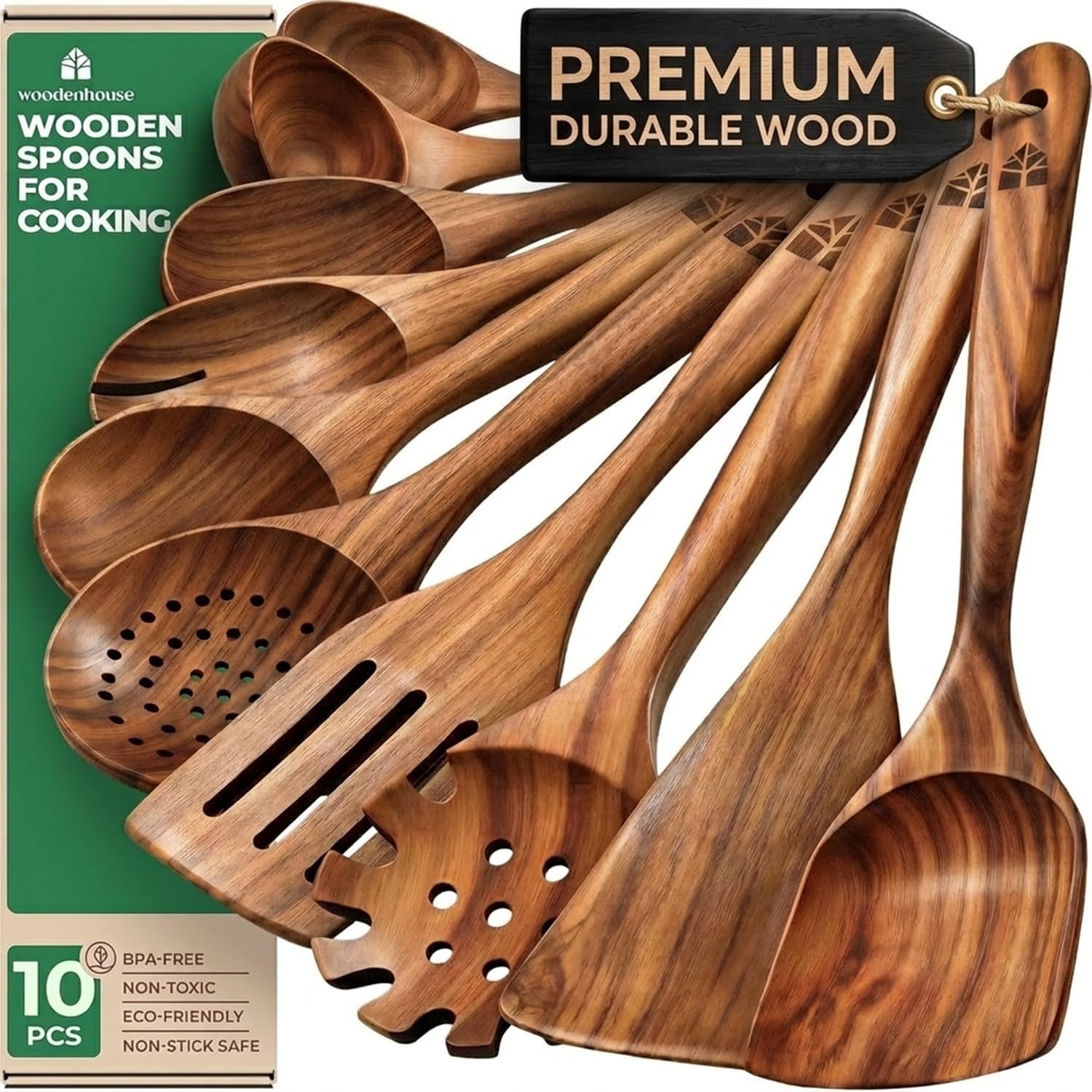 Wooden Spoons For Cooking – 10 Pcs Teak Wood Utensil Set, Durable, Nonstick Safe & Heat Resistant With Ergonomic Handles
