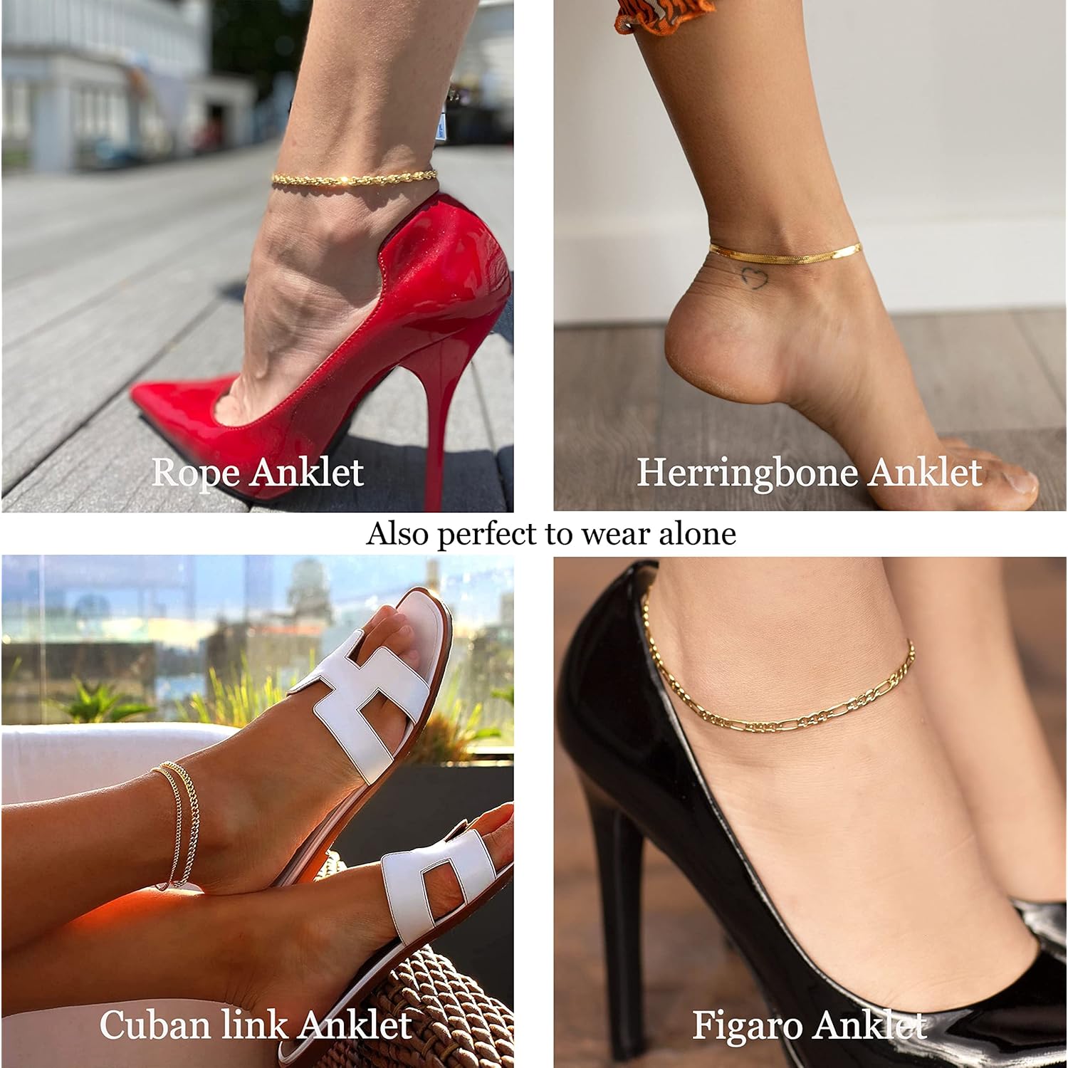 DEARMAY 14K Gold Plated Ankle Bracelets Set for Women Waterproof, Anklets for Women Cuban Link Layered Pack Jewelry Gift
