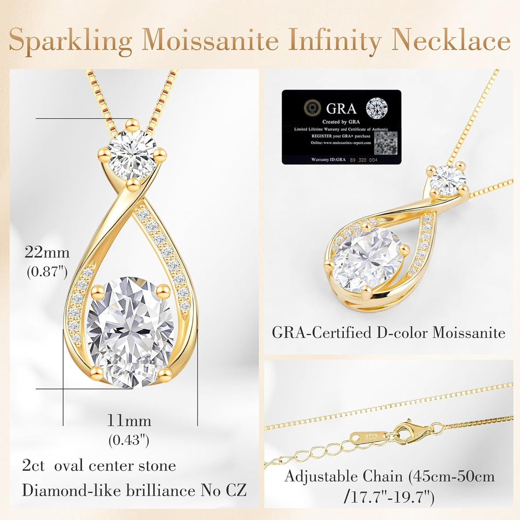 Necklace Gift for Anniversary Birthday: 2ct Oval Infinity Pendant 14k Gold necklace for women - Anniversary Birthday Valentine Love for Wife, Girlfriend – Hypoallergenic Daily Wear Jewelry with Gift Box