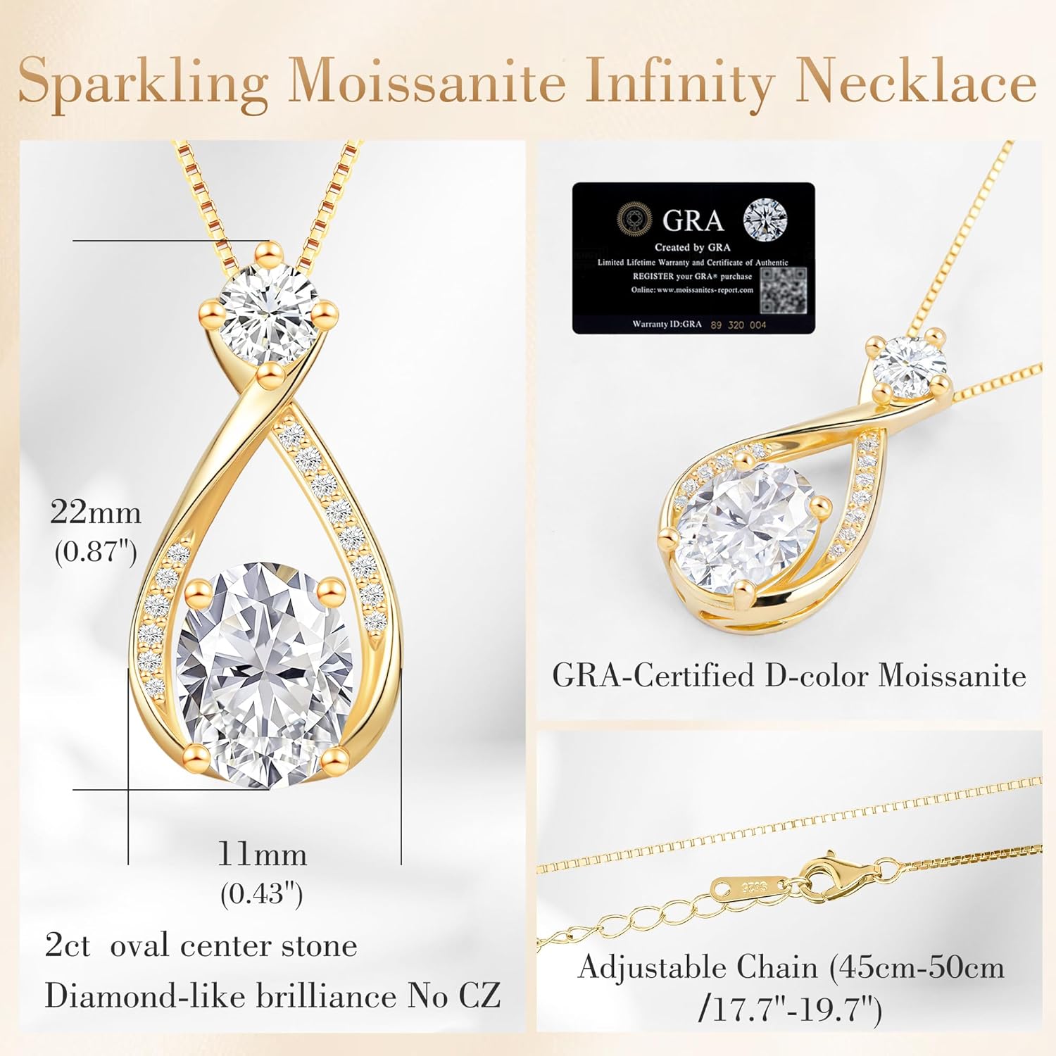 Necklace Gift for Anniversary Birthday: 2ct Oval Infinity Pendant 14k Gold necklace for women - Anniversary Birthday Valentine Love for Wife, Girlfriend – Hypoallergenic Daily Wear Jewelry with Gift Box