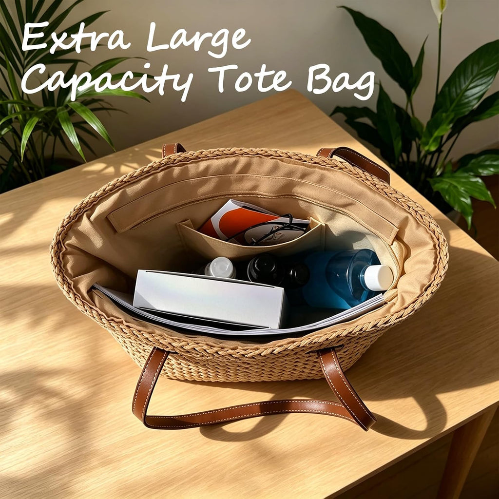 Straw Tote Bag Woven Beach Bag For Women, Large Capacity Summer Shoulder Boho Handbag Vacation