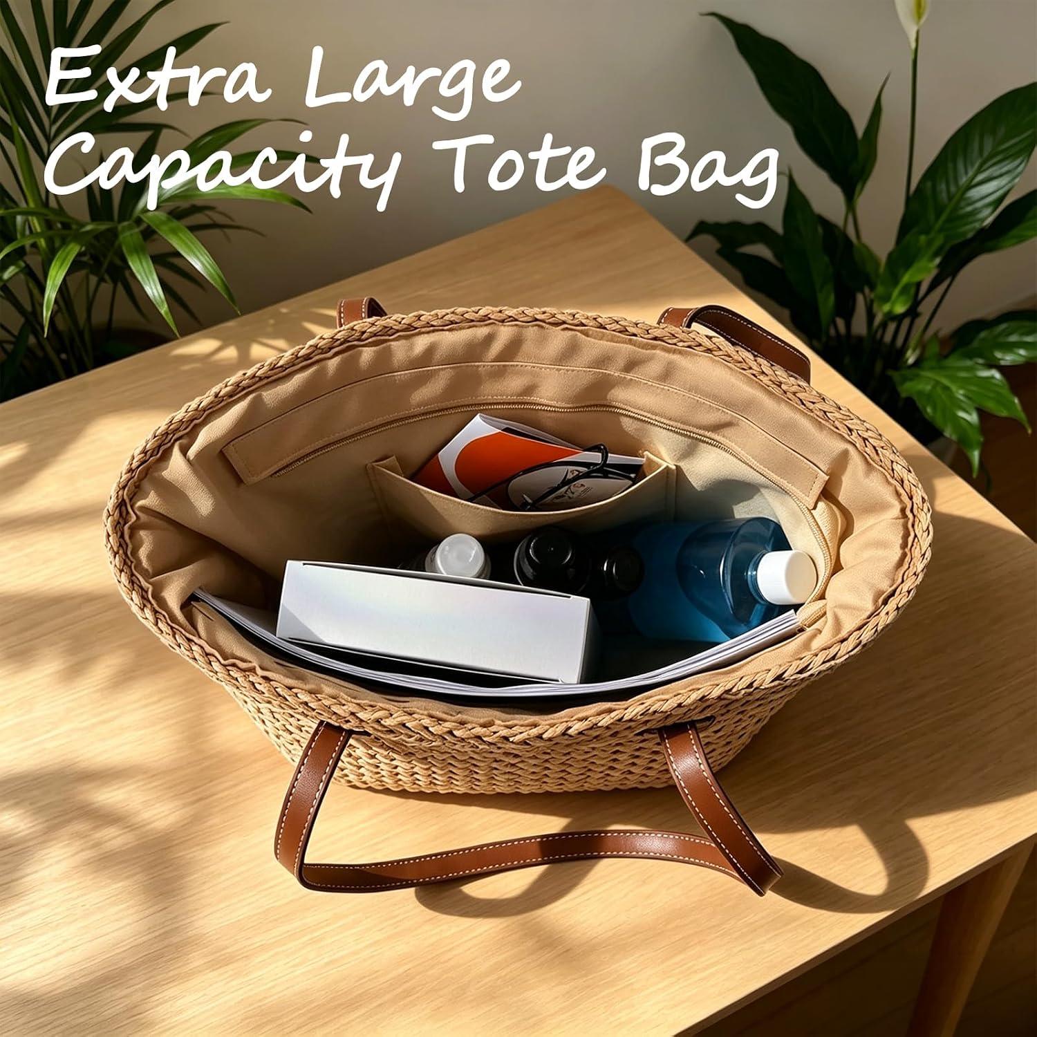Straw Tote Bag Woven Beach Bag For Women, Large Capacity Summer Shoulder Boho Handbag Vacation