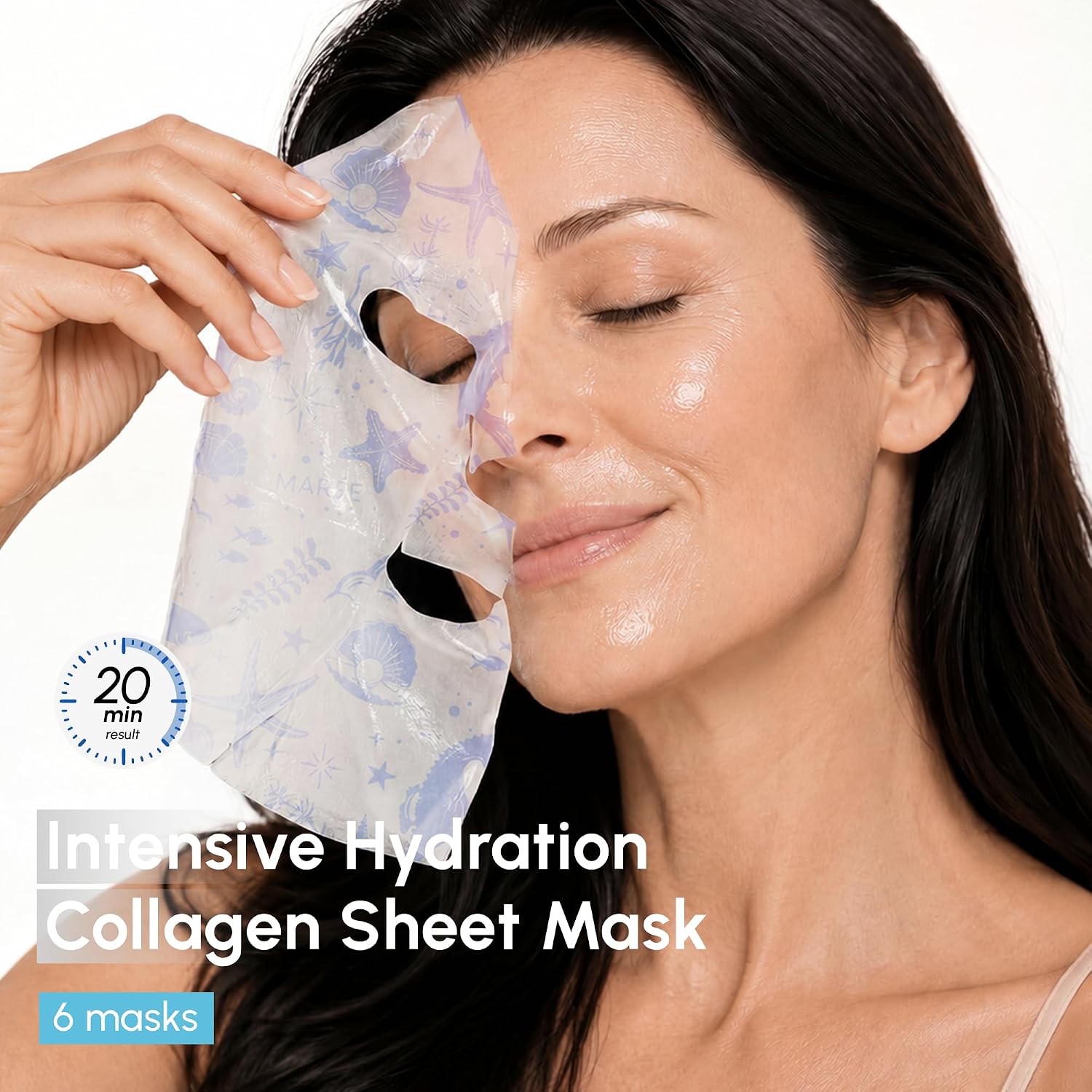 Maree Collagen Facial Mask With Hyaluronic Acid — Sheet Face Mask Skincare — Centella Asiatica, Green & Red Algae Extract — Hydrating Facemask For Women Skin Care — Mascarillas Para La Cara — 6 Count