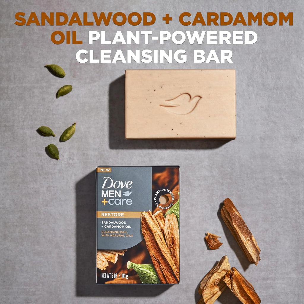 Dove Men+Care Cleansing Bar Soap Sandalwood + Cardamom Oil 4 Bars To Rebuild Skin In The Shower, A 4In1 Hair, Body, Face & Shaving Bar With Plant-Based Cleanser And Natural Oils 5 Oz