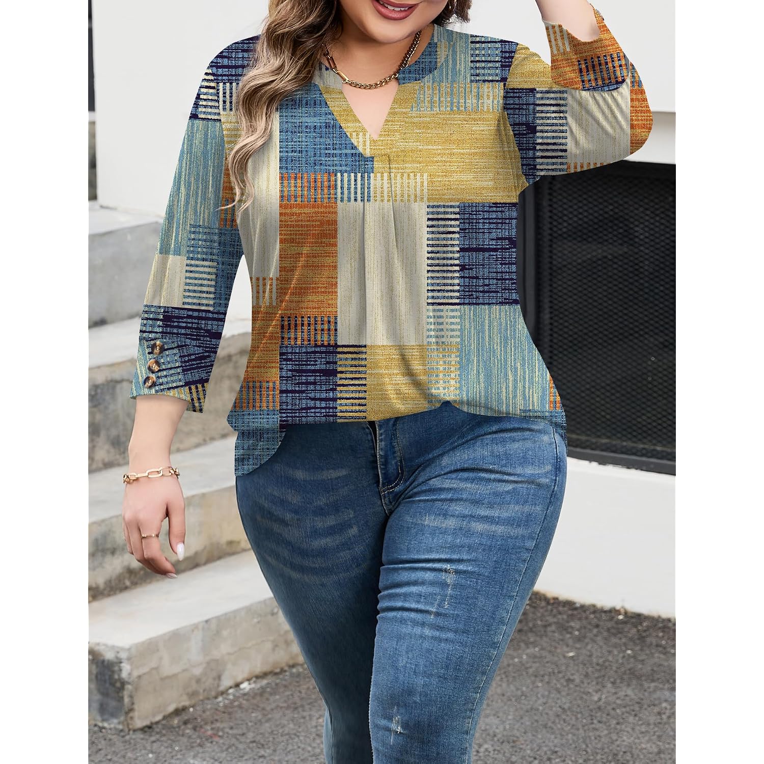 TFSDOD Womens Plus Size Tops 3/4 Length Sleeve Womens Tops V Neck Blouses Pleated Tunic Plus Size Fashion (1X-5X)