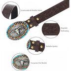Western-Cowboy-Leather-Belts for Women Turquoise-Oval-Buckle Embossed Cowgirl Belt for Jeans Pants Fit for 27"-41"