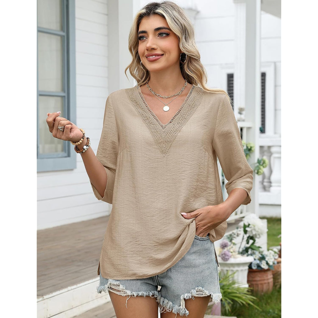 Lomon Women'S 3/4 Length Sleeve Boho Tops V Neck Lace Summer Outfits Dressy Casual Flowy Shirts Vacation Clothes Blouses