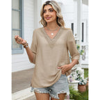 Lomon Women'S 3/4 Length Sleeve Boho Tops V Neck Lace Summer Outfits Dressy Casual Flowy Shirts Vacation Clothes Blouses