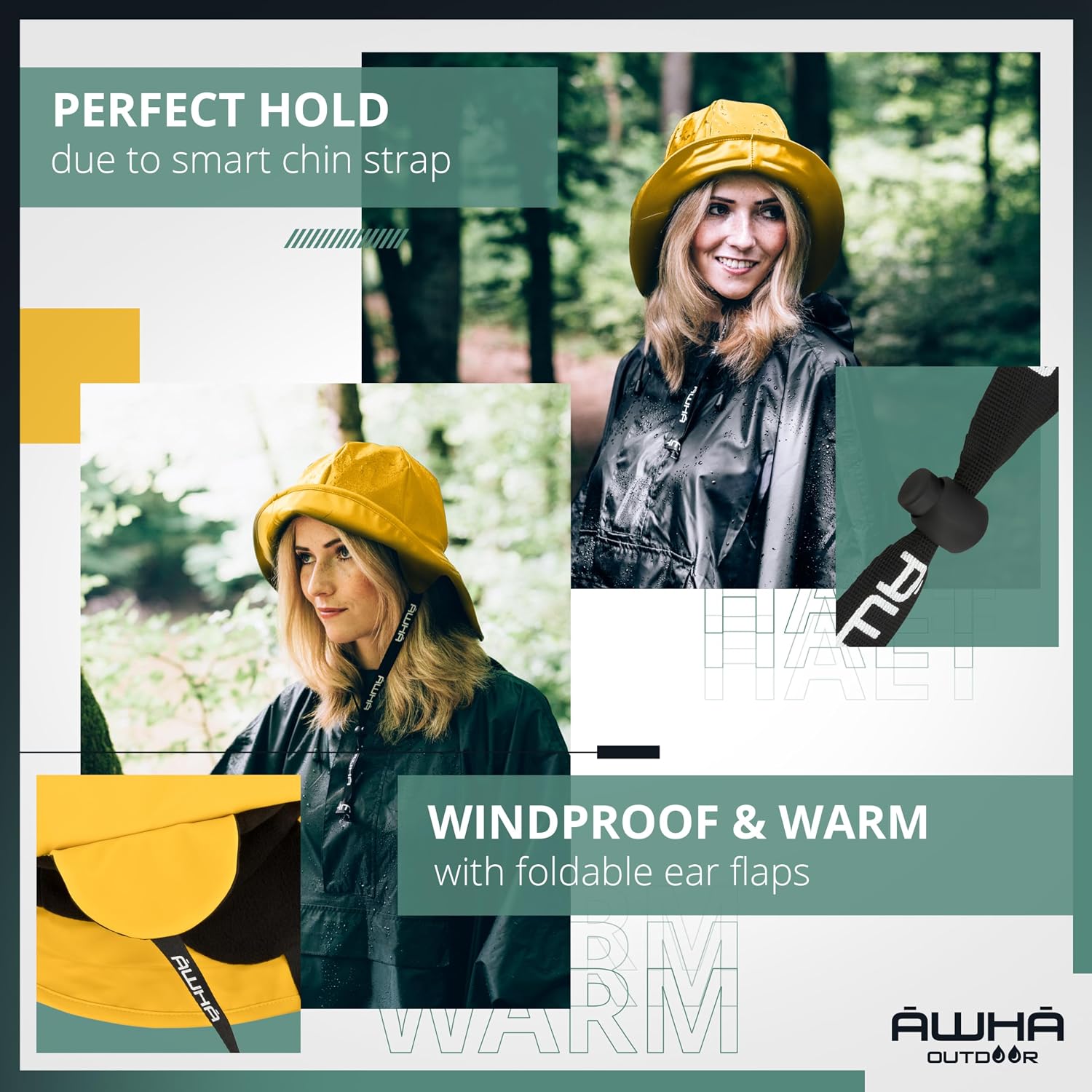Souwester, Rain Hat - Waterproof Cap with Wide Brim and Earflaps Yellow