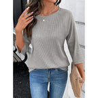 Womens Tops Spring Summer 3/4 Length Sleeve Fashion T Shirts for Women Crewneck Waffle Knit Casual Loose Tee Blouses