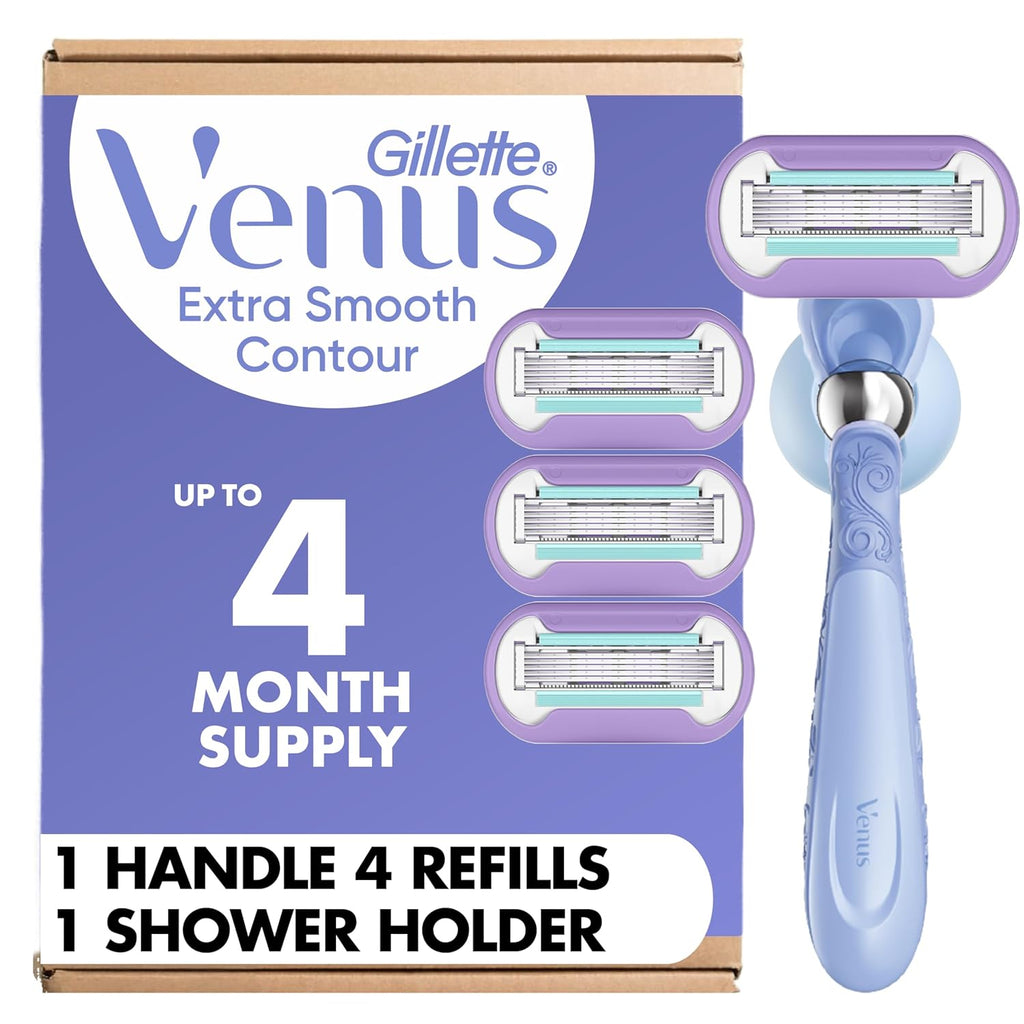 Gillette Venus Extra Smooth Contour Razor for Women, Includes 1 Reusable Razor Handle + 4 Count 5-Bladed Razor Refills, Women's Razor with Flexiball Pivoting Handle and Shower Holder