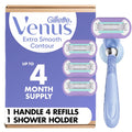 Gillette Venus Extra Smooth Contour Razor for Women, Includes 1 Reusable Razor Handle + 4 Count 5-Bladed Razor Refills, Women's Razor with Flexiball Pivoting Handle and Shower Holder