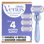 Gillette Venus Extra Smooth Contour Razor for Women, Includes 1 Reusable Razor Handle + 4 Count 5-Bladed Razor Refills, Women's Razor with Flexiball Pivoting Handle and Shower Holder