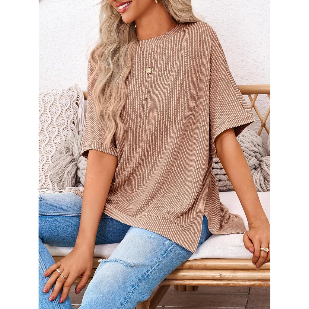 Tankaneo Womens Oversized T Shirts Summer Casual Ribbed Batwing Short Sleeve Tunic Tops Loose Fit Dolman Sleeve Tees