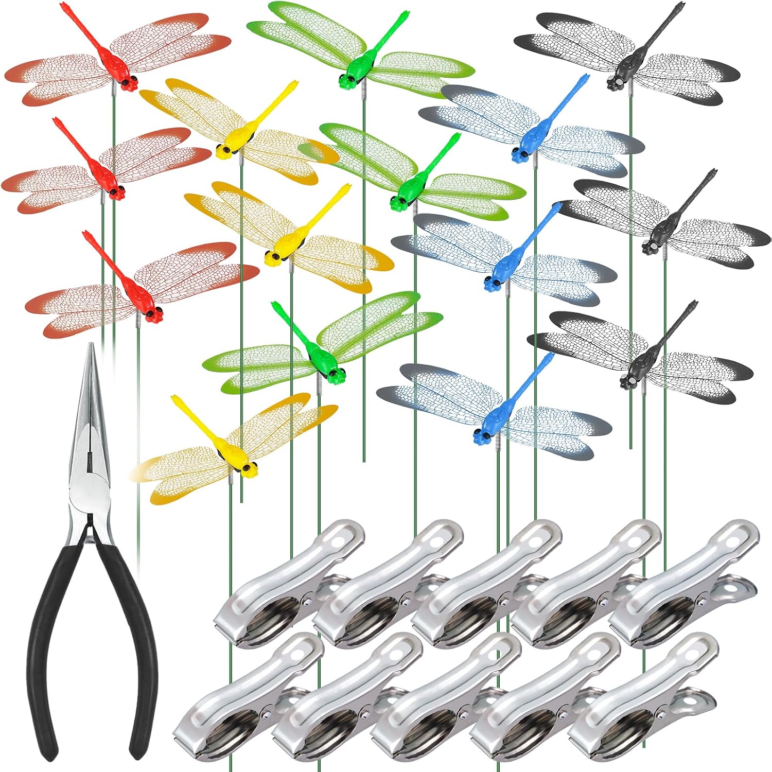 Nihome 15Pcs Decorative Dragonflies Clips Decor For Garden, 9.8" Long Multicolor Waterproof Outdoor & Indoor Use, Versatile Clip-On Plant Decoration, Includes Pliers For Easy Attachment