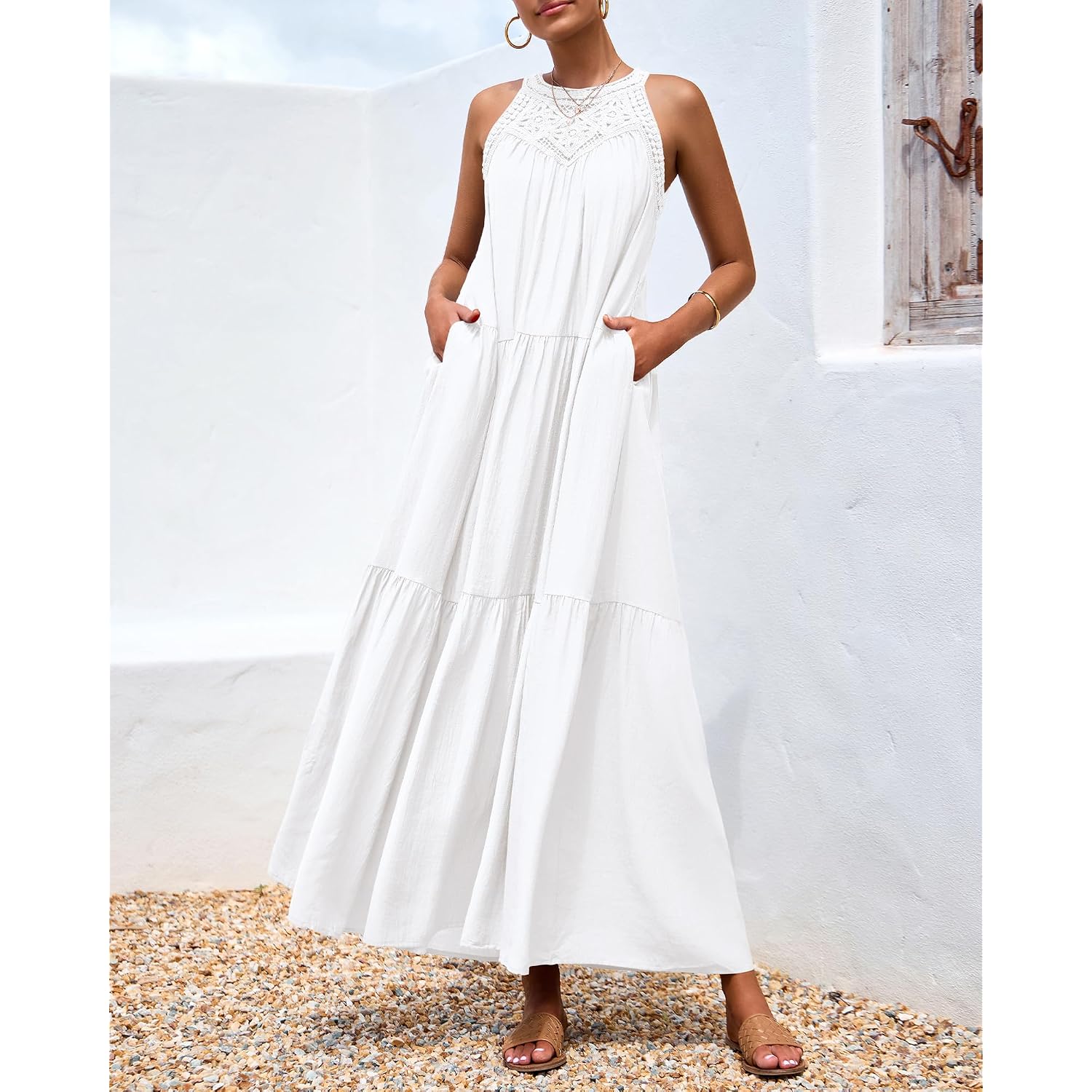 Btfbm Halter Summer Dresses For Women 2026 Casual Spring Hollow Out Sleeveless Boho Sundresses Beach Vacation Maxi Dress