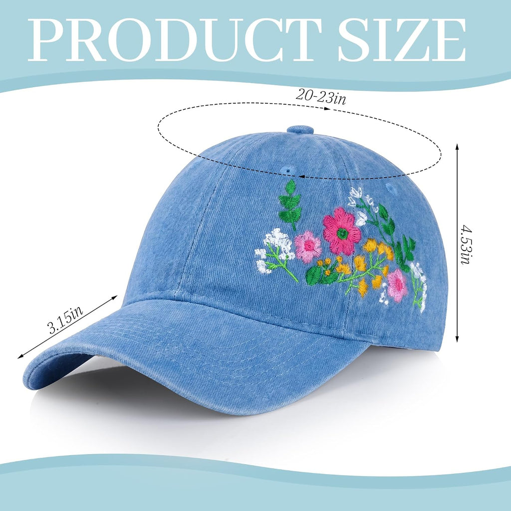 HOVEOX Flower Baseball Cap Embroidered Hat Baseball Cap Women's Hats Trendy Embroided Flower Gift for Woman Blue