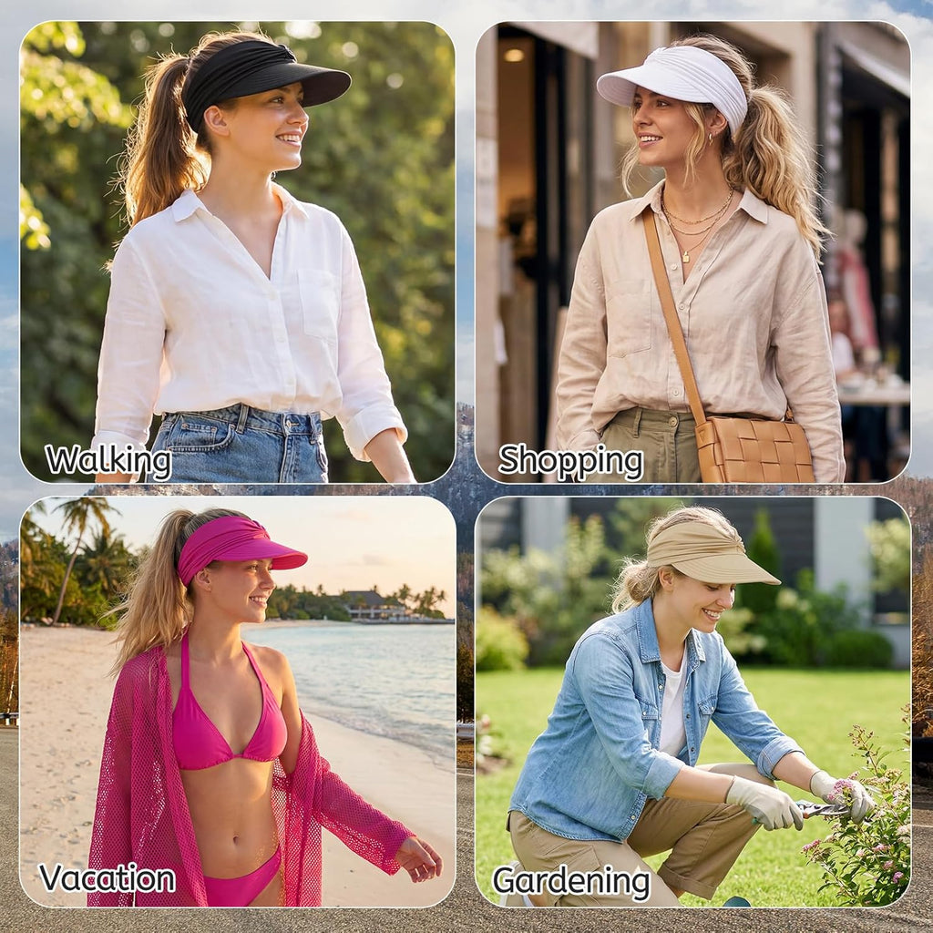 Wide Brim Visor Hats for Women-Lightweight Packable Ponytail Hat, Comfortable Quick-Dry Sun Visor for Casual