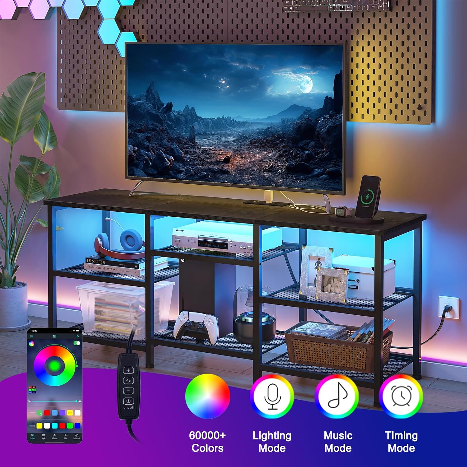 Ygeomer Entertainment Center For Tvs Up To 50 Inch, Entertainment Stand With Power Outlet And Led Lights Open Storage Shelves, Tv Console Table For Living Room And Bedroom, Black