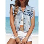 Soly Hux Women'S Denim Jacket Ruffle Cap Sleeve Button Down Trendy Crop Jean Jackets Coat