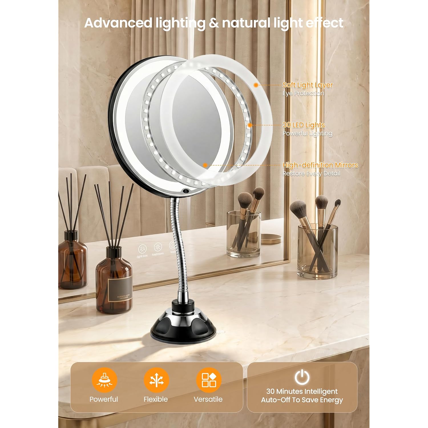 10X Makeup Mirror With Lights, Flexible Magnifying Mirror 3 Light Modes | Wall-Mounted Lighted Vanity Makeup Mirror, Cordless Battery Operated Led Mirror With Suction Cups For Shower Bathroom