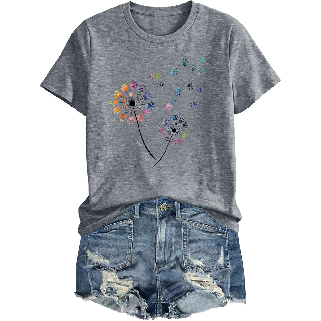 Anbech Womens Dandelion Graphic T-Shirts Teen Girls Cute Sunflower Print Casual Tee Tops Grey