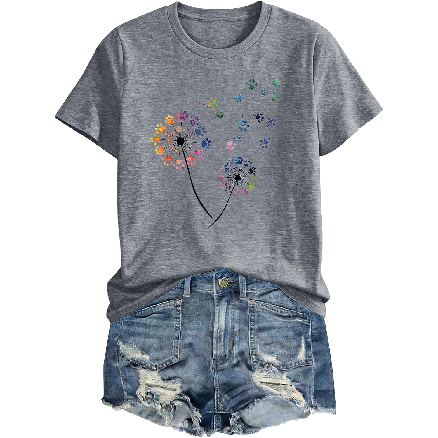 Anbech Womens Dandelion Graphic T-Shirts Teen Girls Cute Sunflower Print Casual Tee Tops Grey