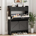 Shoe Cabinet With 2 Flip Drawers & 2 Top Drawers, 43" Tall Freestanding Narrow Wooden Shoe Storage Organizer For Entryway, Hidden Slim Shoe Rack For Front Door Entrance, Hallway, Living Room, Black