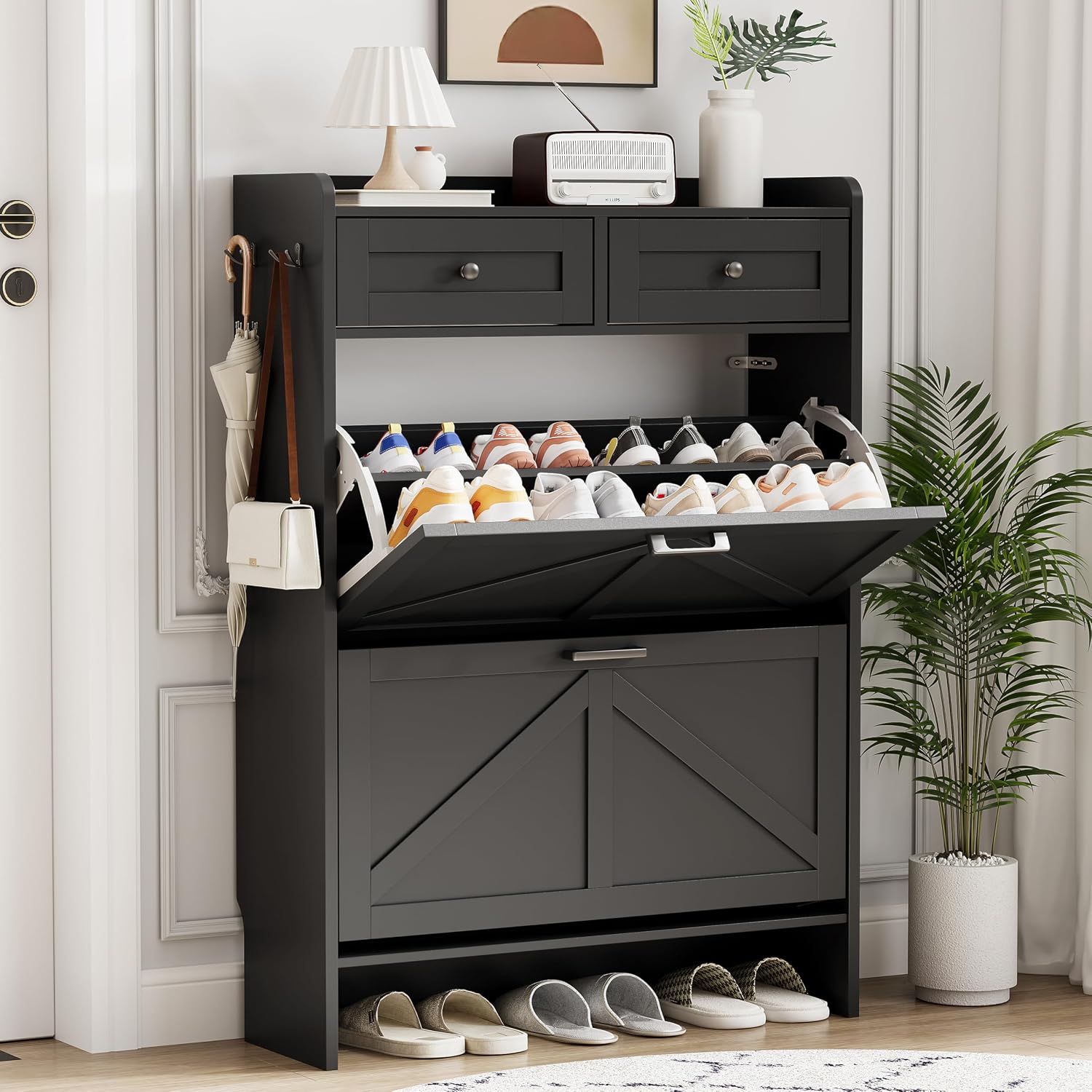 Shoe Cabinet With 2 Flip Drawers & 2 Top Drawers, 43" Tall Freestanding Narrow Wooden Shoe Storage Organizer For Entryway, Hidden Slim Shoe Rack For Front Door Entrance, Hallway, Living Room, Black