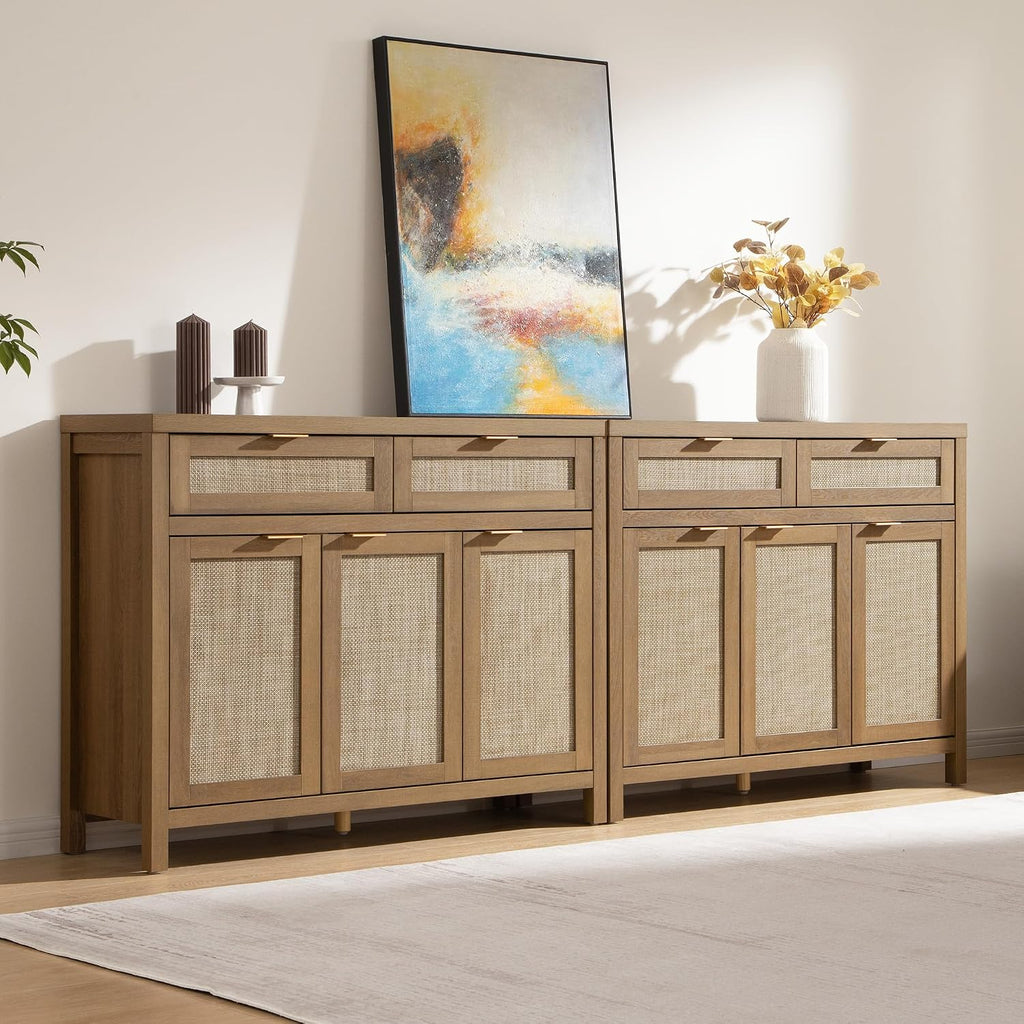 Sicotas Rattan Sideboard Buffet Cabinet With Storage, Boho Credenza Accent Cabinet With 3 Doors And 2 Drawers, Farmhouse Console Coffee Bar For Kitchen, Living Room, And Entryway, Caramel Oak