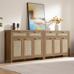 Sicotas Rattan Sideboard Buffet Cabinet With Storage, Boho Credenza Accent Cabinet With 3 Doors And 2 Drawers, Farmhouse Console Coffee Bar For Kitchen, Living Room, And Entryway, Caramel Oak
